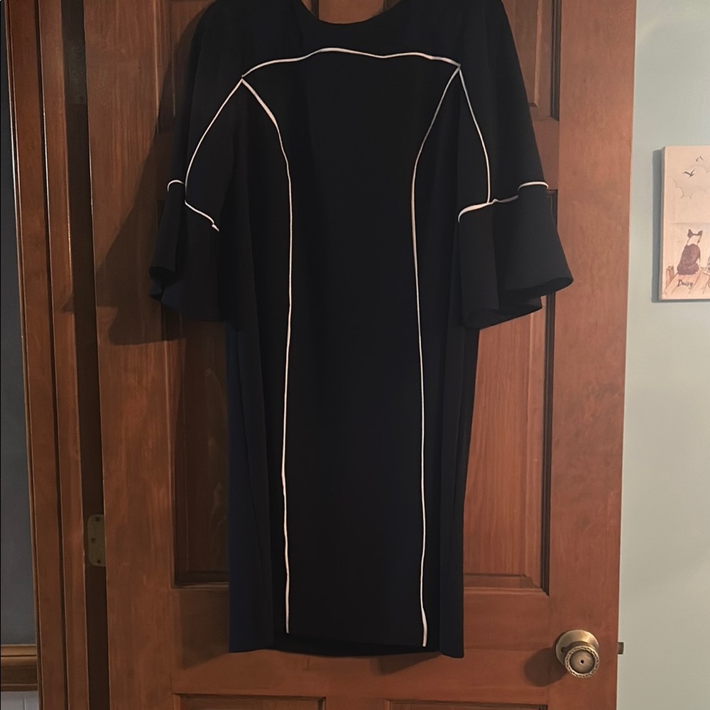 Navy Sheath Dress with Bell Sleeves and Crew Neck